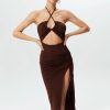 Hot * Solado Halter Neck Split Thigh Maxi Dress Brown