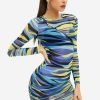 New * Solado Abstract Print Cut Out Mesh Long Sleeve Mini Dress Without Underwear Royalblue