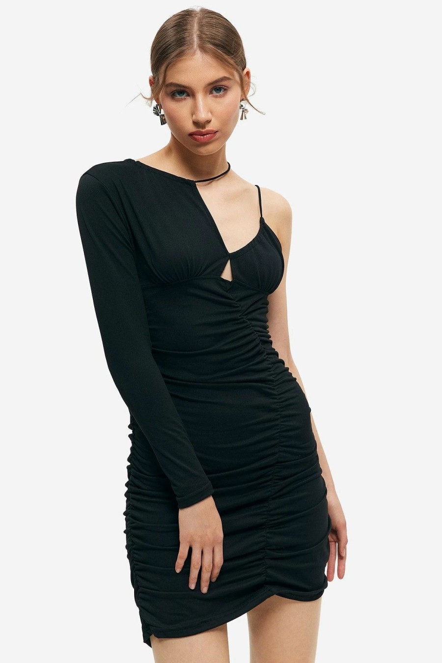 Online * Solado One Sleeve Pleated Asymmetrical Mini Dress Black