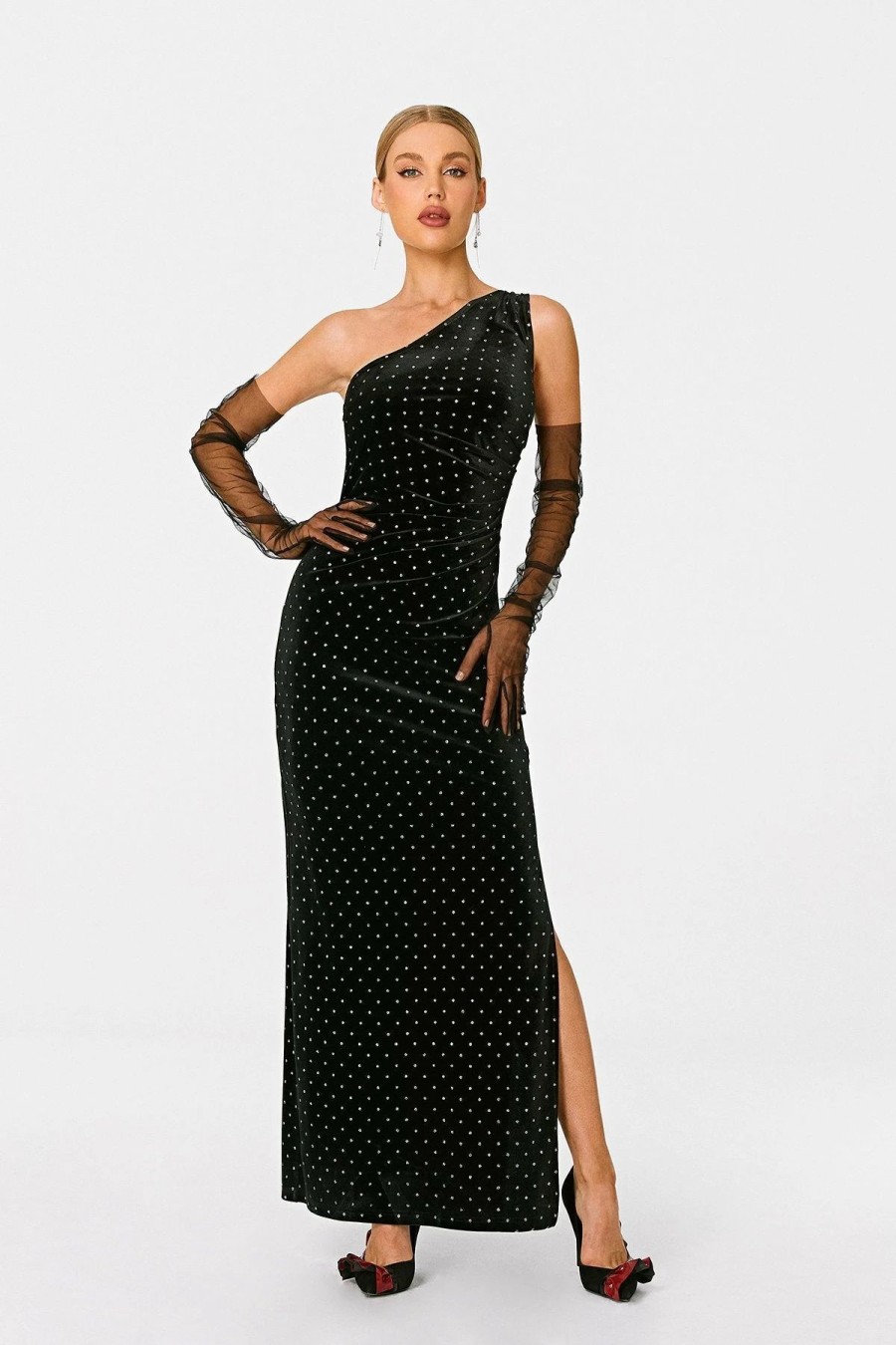 Clearance * Solado One Shoulder Rhinestone Decor Split Hem Maxi Dress Without Gloves Black