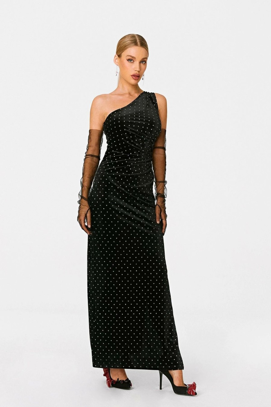 Clearance * Solado One Shoulder Rhinestone Decor Split Hem Maxi Dress Without Gloves Black