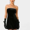 Hot * Solado Off Shoulder Rhinestone Trim Velvet Mini Dress Without Gloves Black