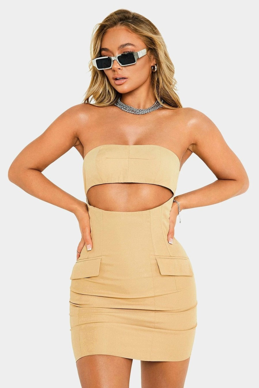 Wholesale * Solado Cut Out Solid Tube Bodycon Mini Dress Khaki