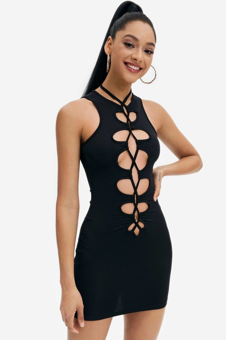 Online * Solado Cut Out Tie Detail Sleeveless Mini Dress Black