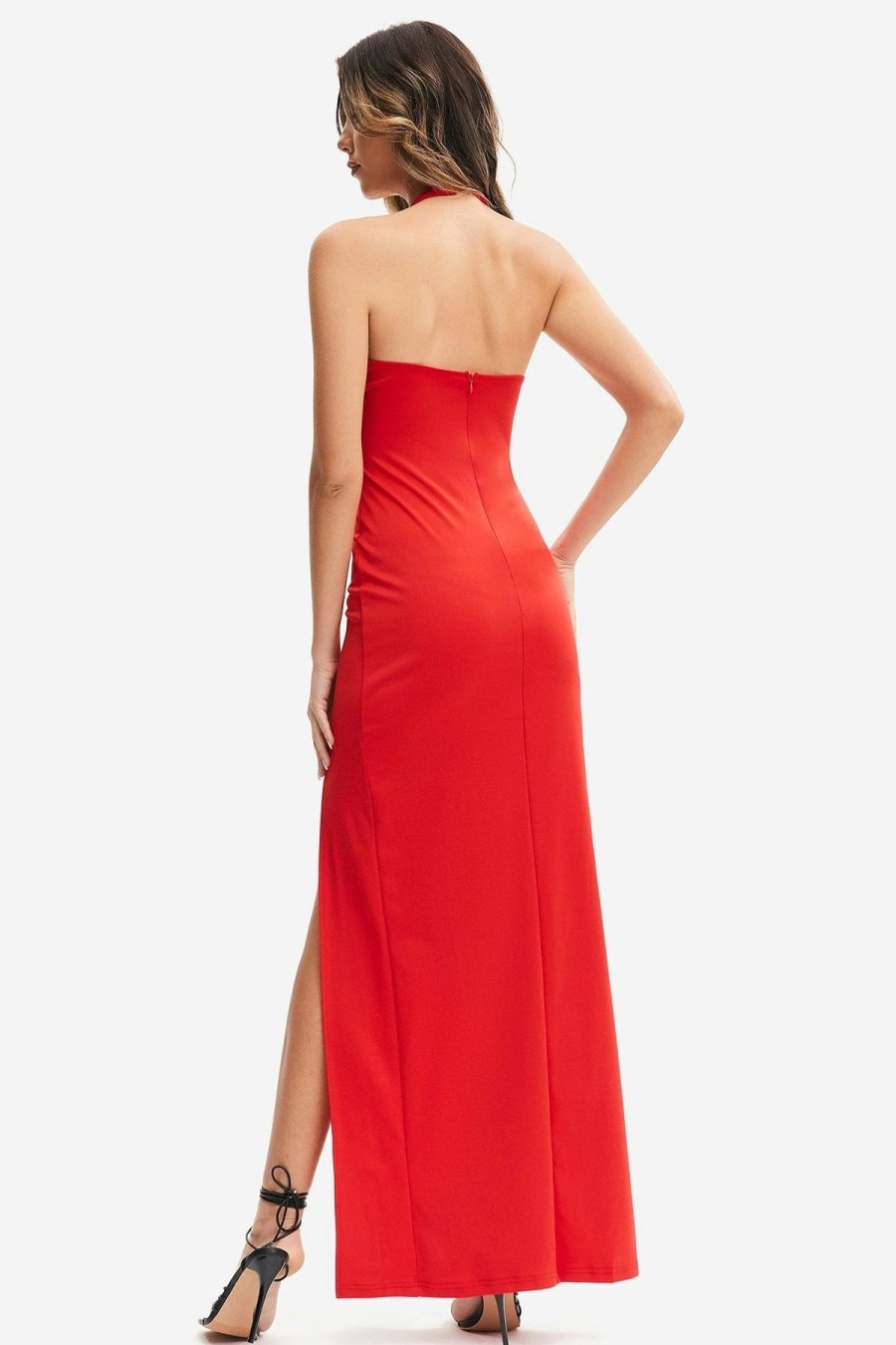 Clearance * Solado Halter Neck Backless Split Hem Maxi Dress Red