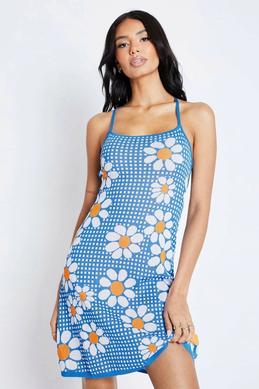 New * Solado Floral Print Cross Backless Mini Dress Blue