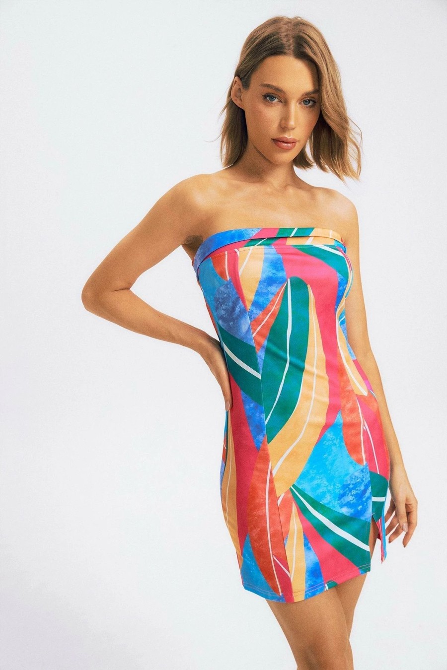 Hot * Solado Abstract Print Split Hem Colorblock Tube Mini Dress Blue