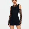 Hot * Solado Cold Shoulder Lace Splicing Long Sleeve Mini Dress Black