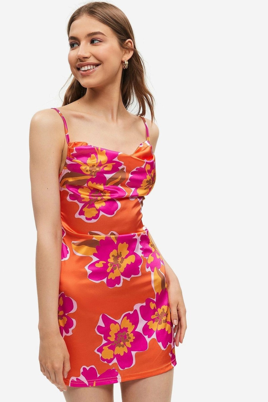 Clearance * Solado Satin Floral Print Cowl Neck Mini Dress Orange