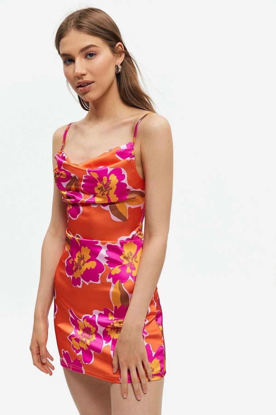 Clearance * Solado Satin Floral Print Cowl Neck Mini Dress Orange