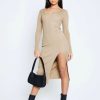 Hot * Solado Ribbed Knit Split Hem Long Sleeve Sweater Dress Tan