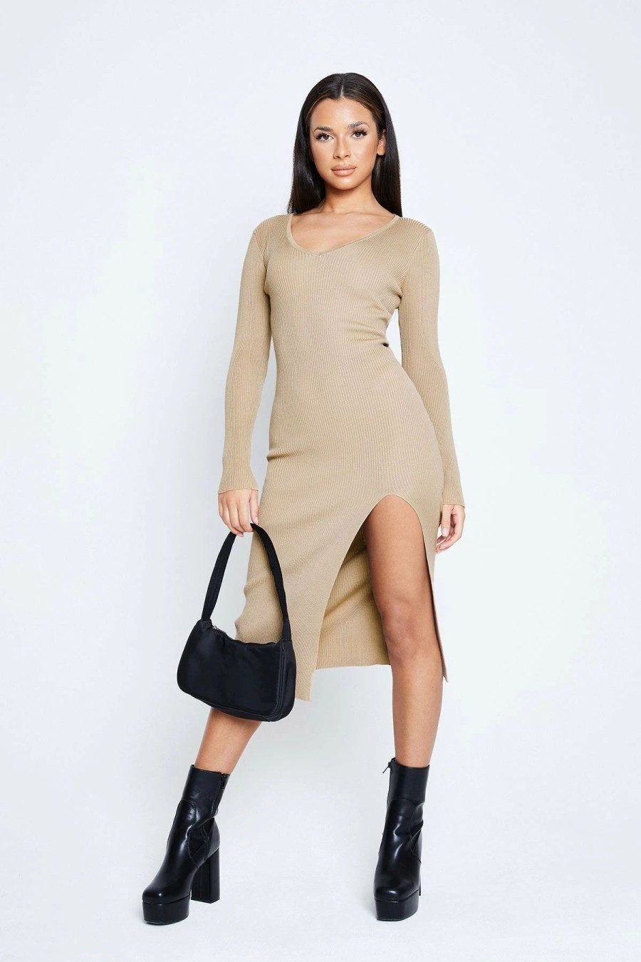 Hot * Solado Ribbed Knit Split Hem Long Sleeve Sweater Dress Tan