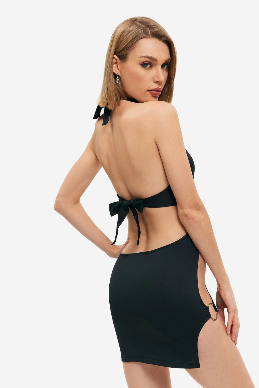 Clearance * Solado Asymmetrical Cut Out Tie Backless Mini Dress Black