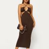 New * Solado Halter Neck Cut Out Backless Bodycon Dress Brown