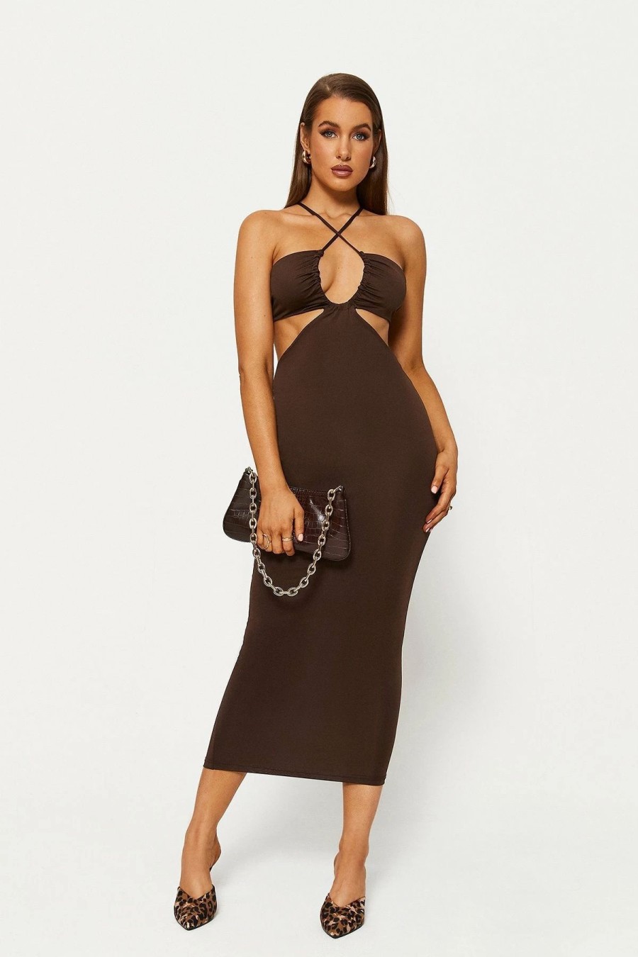 New * Solado Halter Neck Cut Out Backless Bodycon Dress Brown