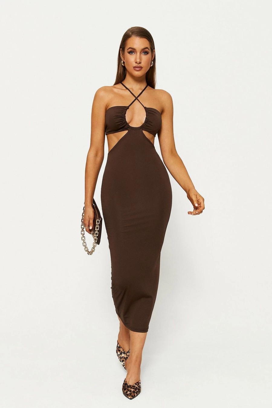 New * Solado Halter Neck Cut Out Backless Bodycon Dress Brown