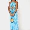 Best * Solado Satin Lace Up Ruched Backless Maxi Dress Blue