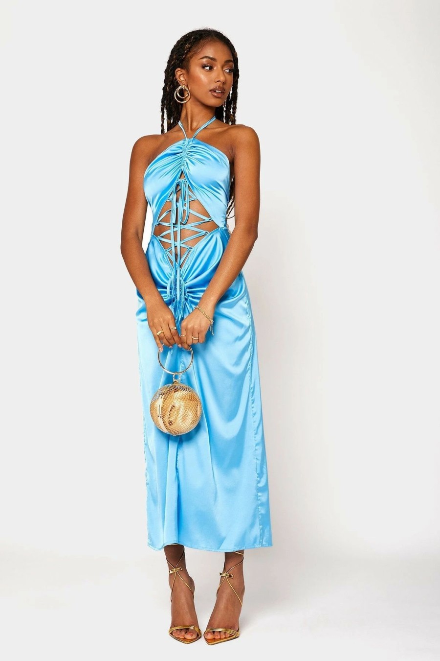 Best * Solado Satin Lace Up Ruched Backless Maxi Dress Blue