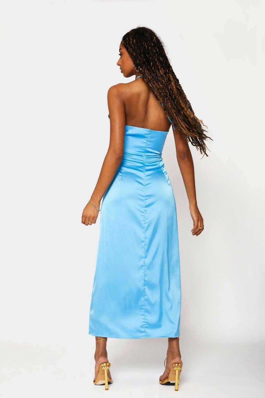 Best * Solado Satin Lace Up Ruched Backless Maxi Dress Blue