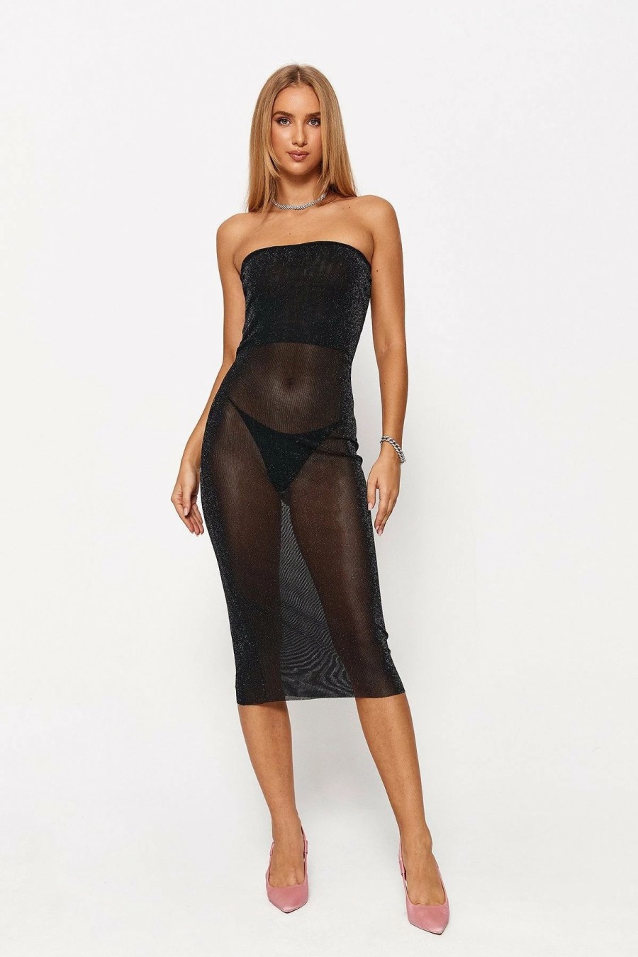 Online * Solado Lurex Mesh Splicing Tube Midi Dress Without Panty Black