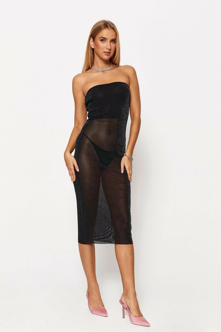 Online * Solado Lurex Mesh Splicing Tube Midi Dress Without Panty Black