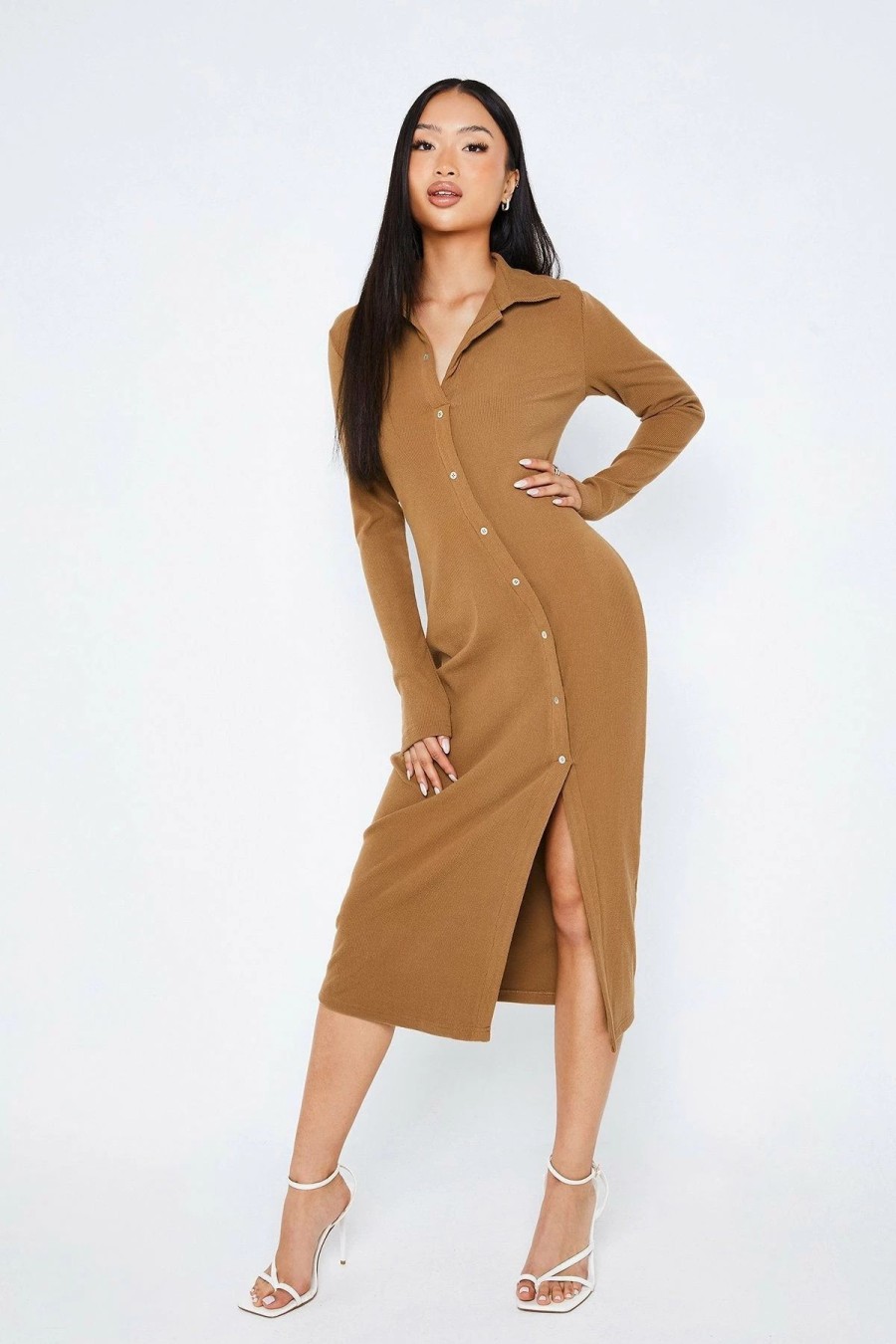 New * Solado Lapel Neck Button Front Split Hem Midi Dress Darkgoldenrod