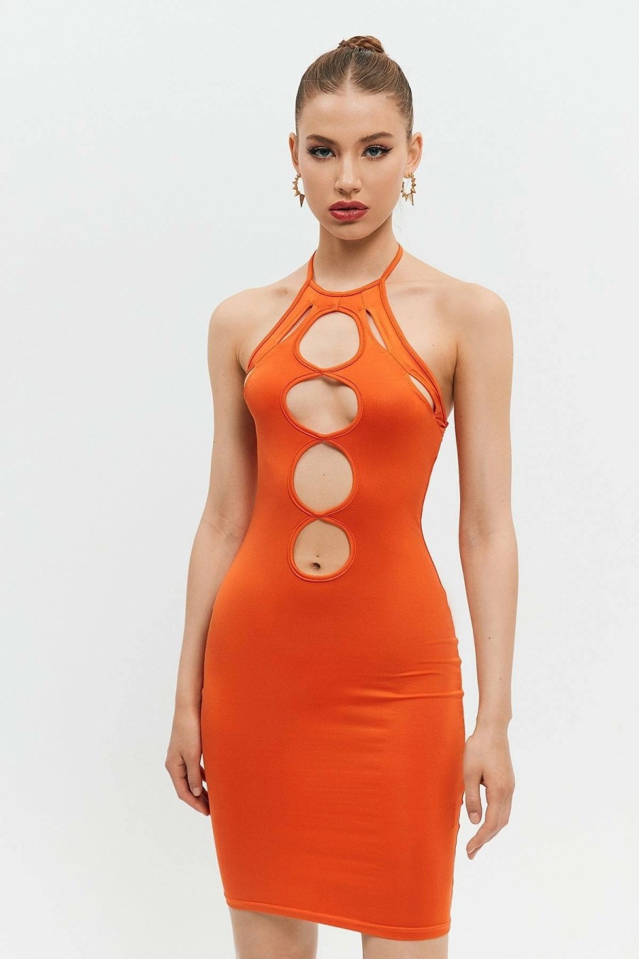 Best * Solado Halter Neck Backless Cut Out Bodycon Mini Dress Orange