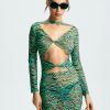 Hot * Solado Cut Out Abstract Print Long Sleeve Mini Dress Without Panty Darkgreen