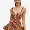 Hot * Solado Floral Print Plunging Neck Ruffle Mini Dress Orange