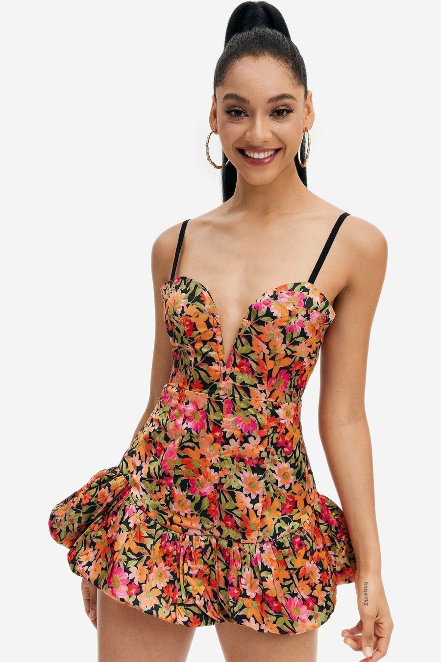 Hot * Solado Floral Print Plunging Neck Ruffle Mini Dress Orange