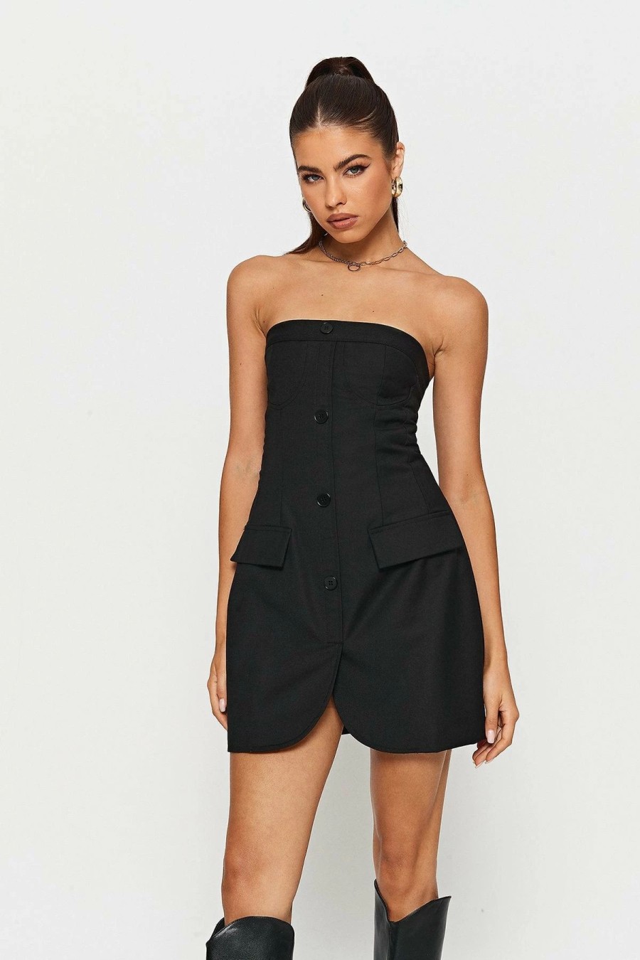 Online * Solado Off Shoulder Button Front A-Line Mini Dress Black