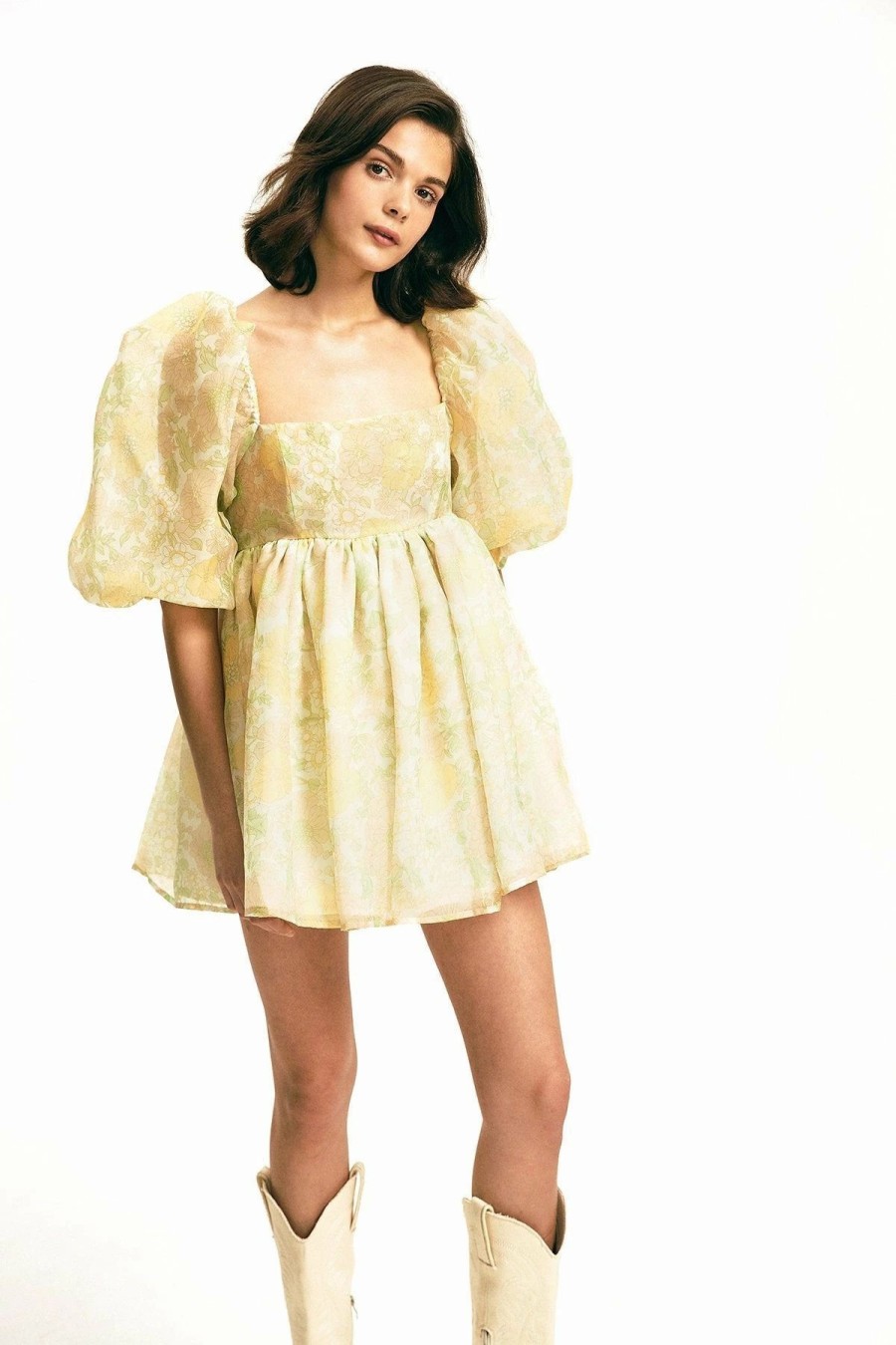 Online * Solado Floral Print Square Neck Puff Sleeve Skater Dress Yellow