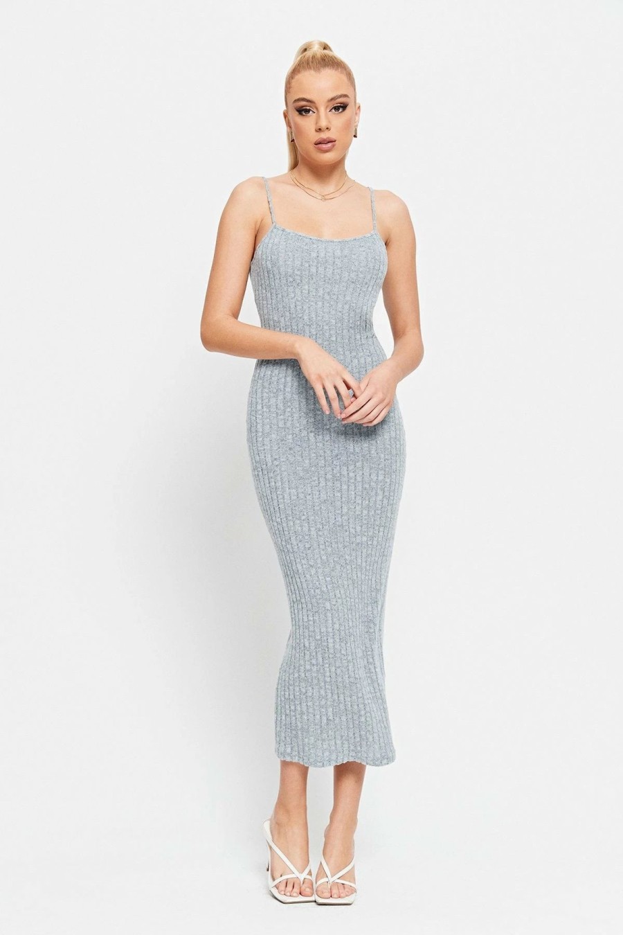 Best * Solado Plunging Neck Stripe Knitted Mermaid Midi Dress Lightblue