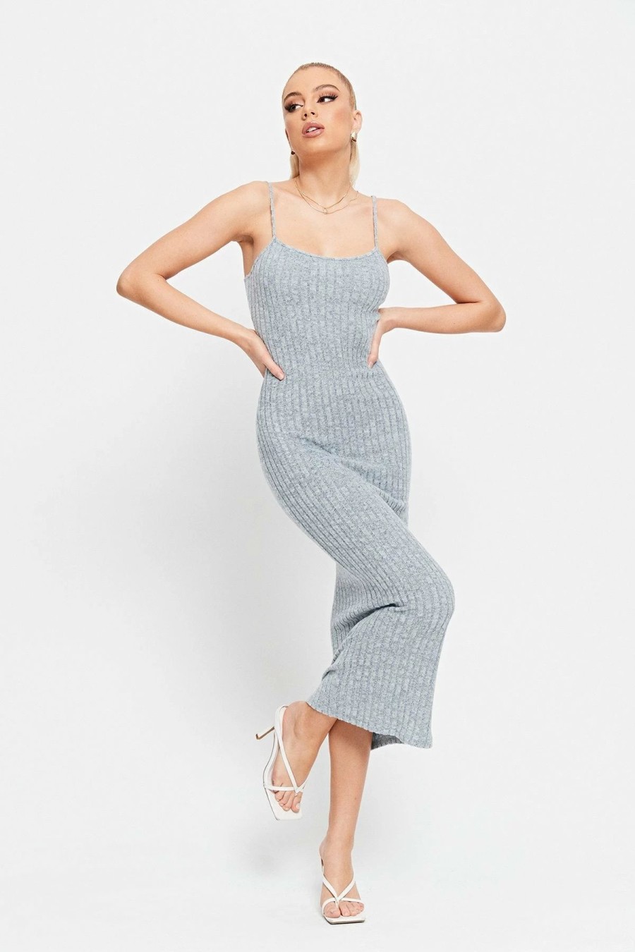 Best * Solado Plunging Neck Stripe Knitted Mermaid Midi Dress Lightblue