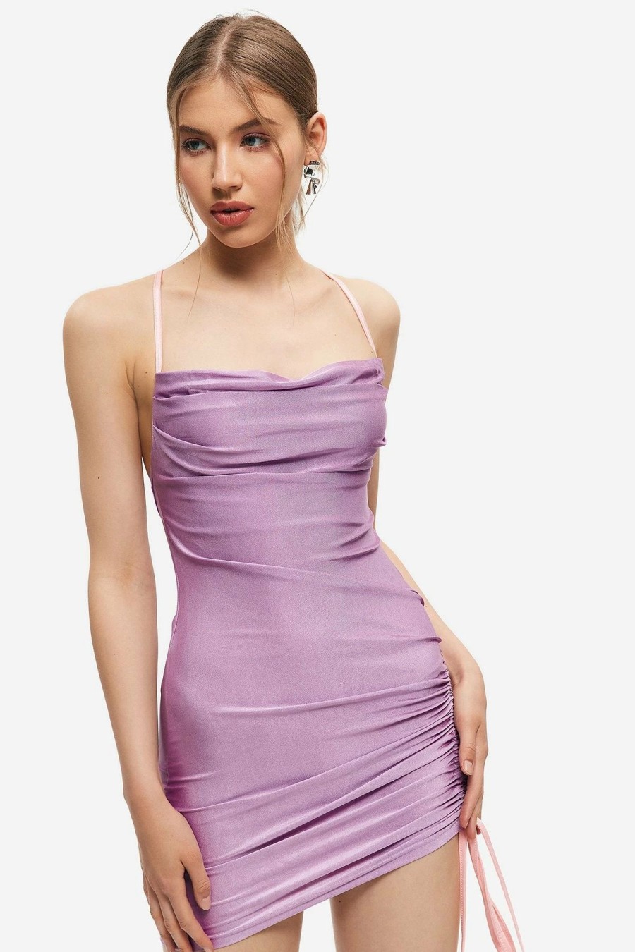 Best * Solado Square Neck Drawstring Ruched Backless Mini Dress Plum