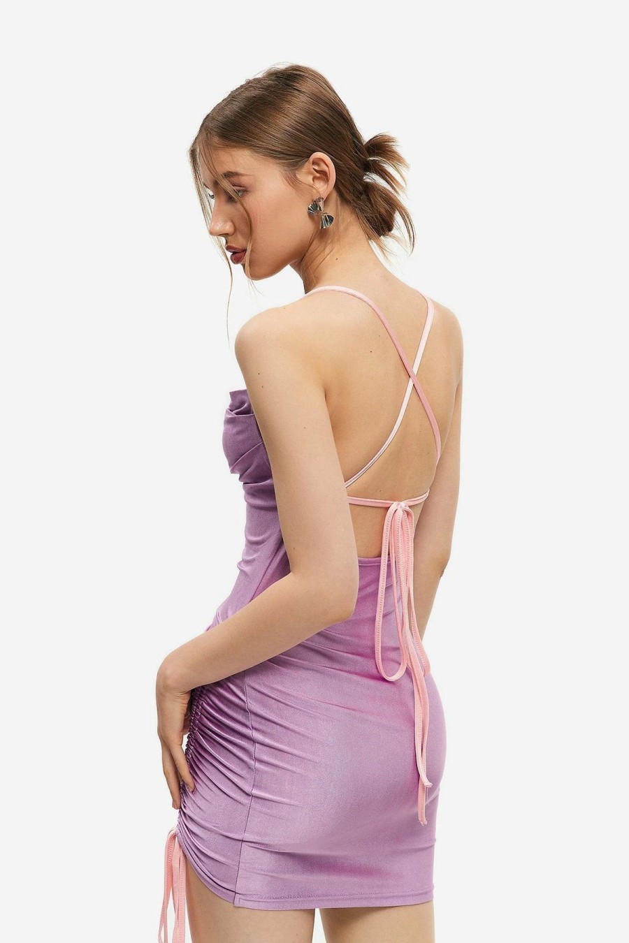 Best * Solado Square Neck Drawstring Ruched Backless Mini Dress Plum