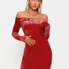 Clearance * Solado Off Shoulder Long Sleeve Velvet Mini Dress Red