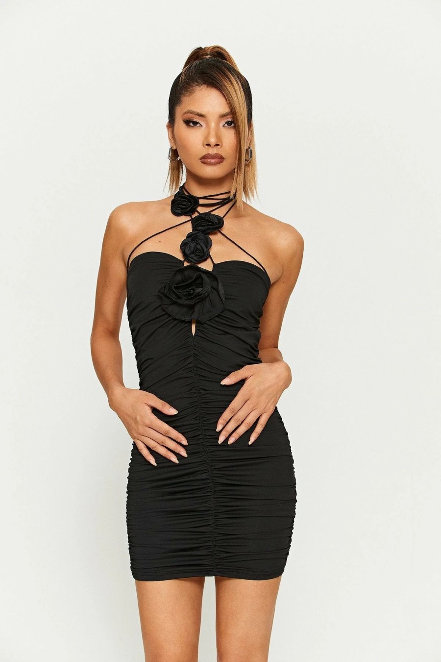 Clearance * Solado Halter Neck Three-Dimensional Bodycon Mini Dress Black