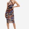 Clearance * Solado Abstract Print Cut Out Backless Midi Dress Brown