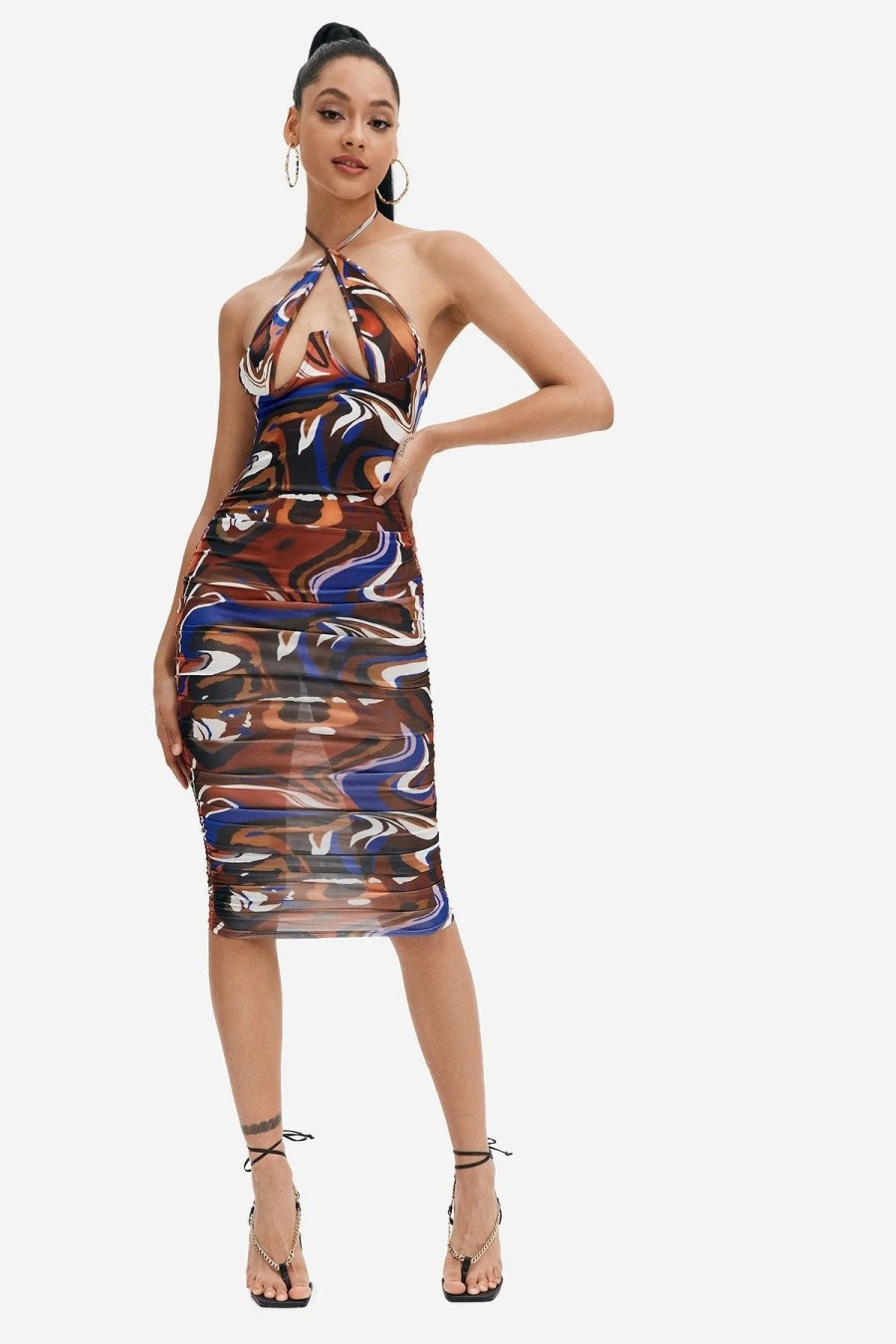 Clearance * Solado Abstract Print Cut Out Backless Midi Dress Brown