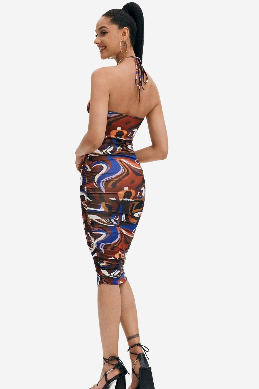 Clearance * Solado Abstract Print Cut Out Backless Midi Dress Brown