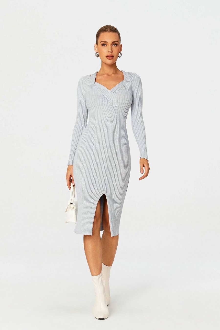 Online * Solado Halter Neck Twist Front Split Hem Sweater Dress Lightgray