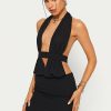 Best * Solado Plunging Neck Open Back Ruched Mini Dress Black