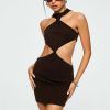 New * Solado Ribbed Knit Twist Front Cut Out Mini Dress Brown