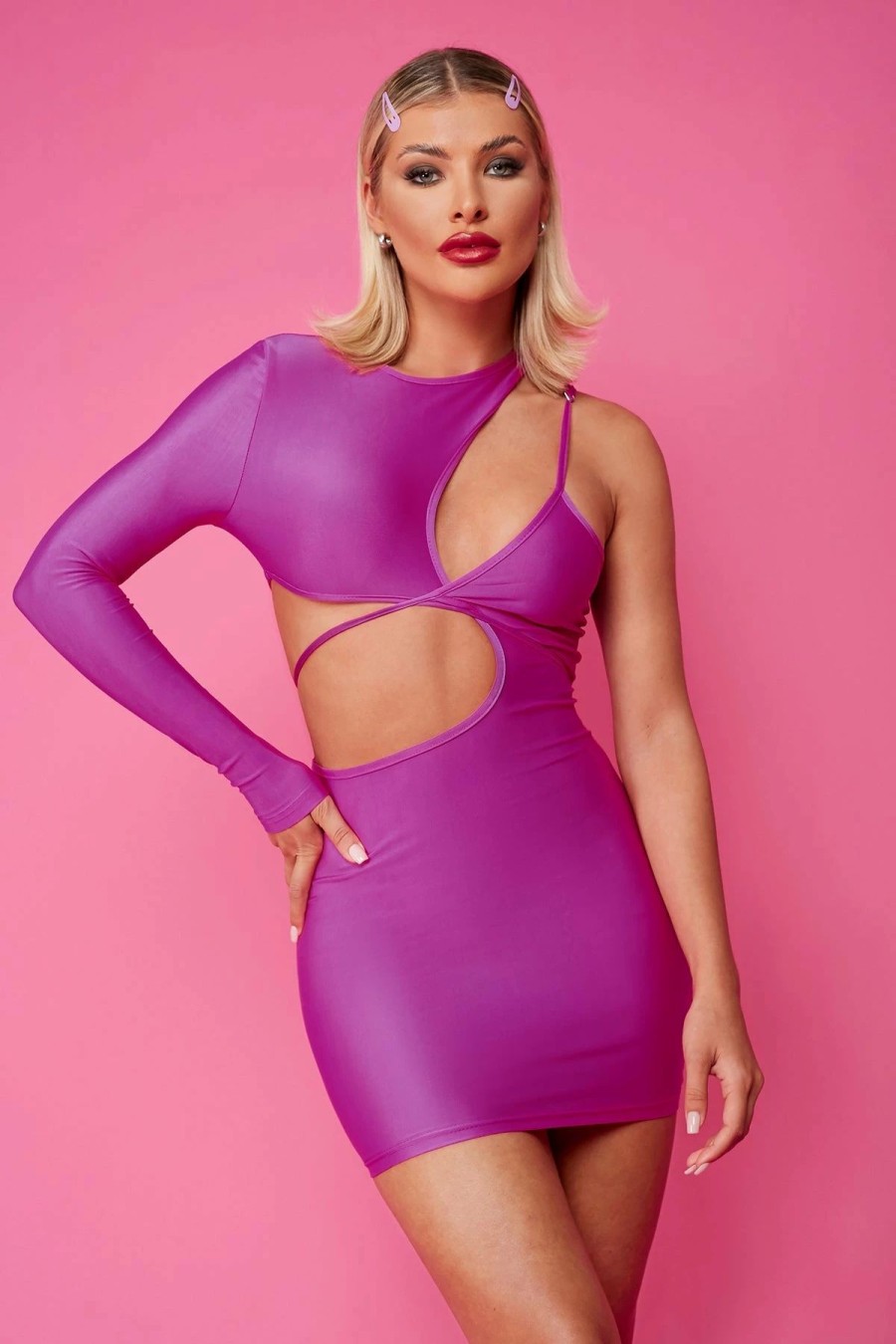 Wholesale * Solado One Sleeve Cut Out Tie Back Bodycon Mini Dress Purple