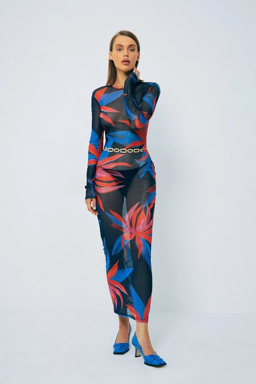 Online * Solado Mesh Floral Print Long Sleeve Maxi Dress Without Waist Chain Red