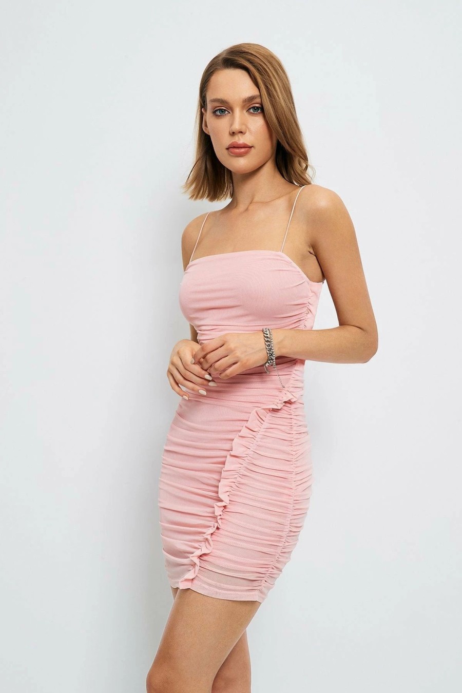 Online * Solado Ruched Mesh Frill Trim Cami Backless Mini Dress Pink