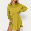 Clearance * Solado Lapel Neck Button Front Long Sleeve Satin Mini Dress Yellowgreen