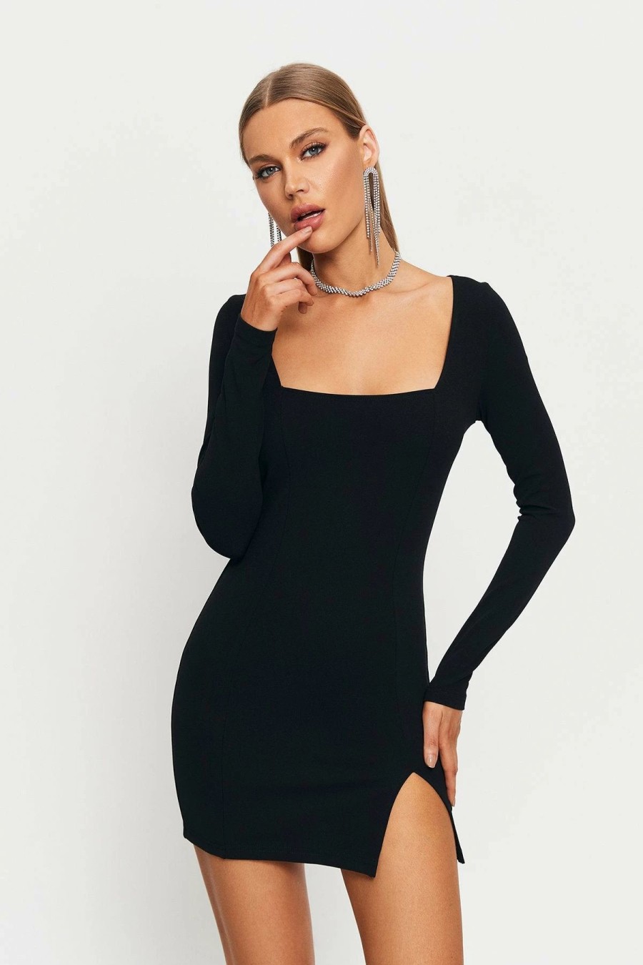 Online * Solado Square Neck Split Hem Cinched Waist Mini Dress Black