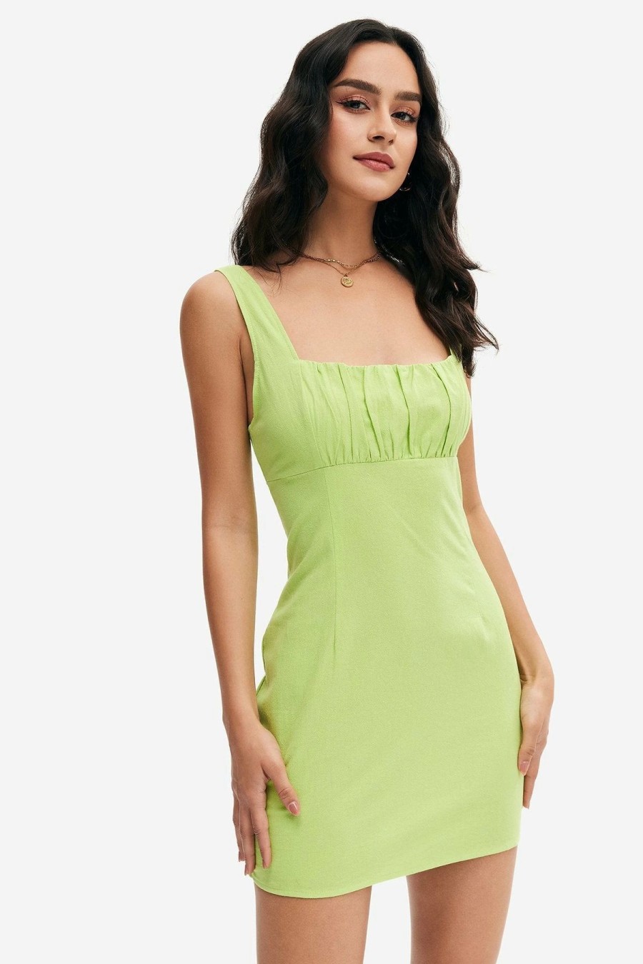 Wholesale * Solado Sqaure Neck Ruched Backless Mini Dress Greenyellow